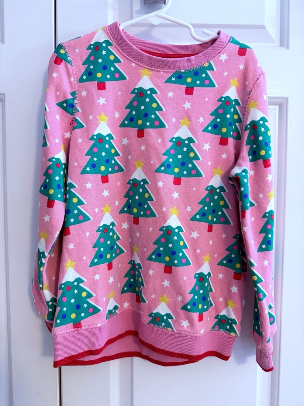 Mini Boden Pink Christmas Tree Crewneck Sweatshirt, size 7-8 years